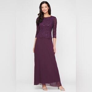 Alex Evenings Deep Plum Lace Dress with Sequins size 10